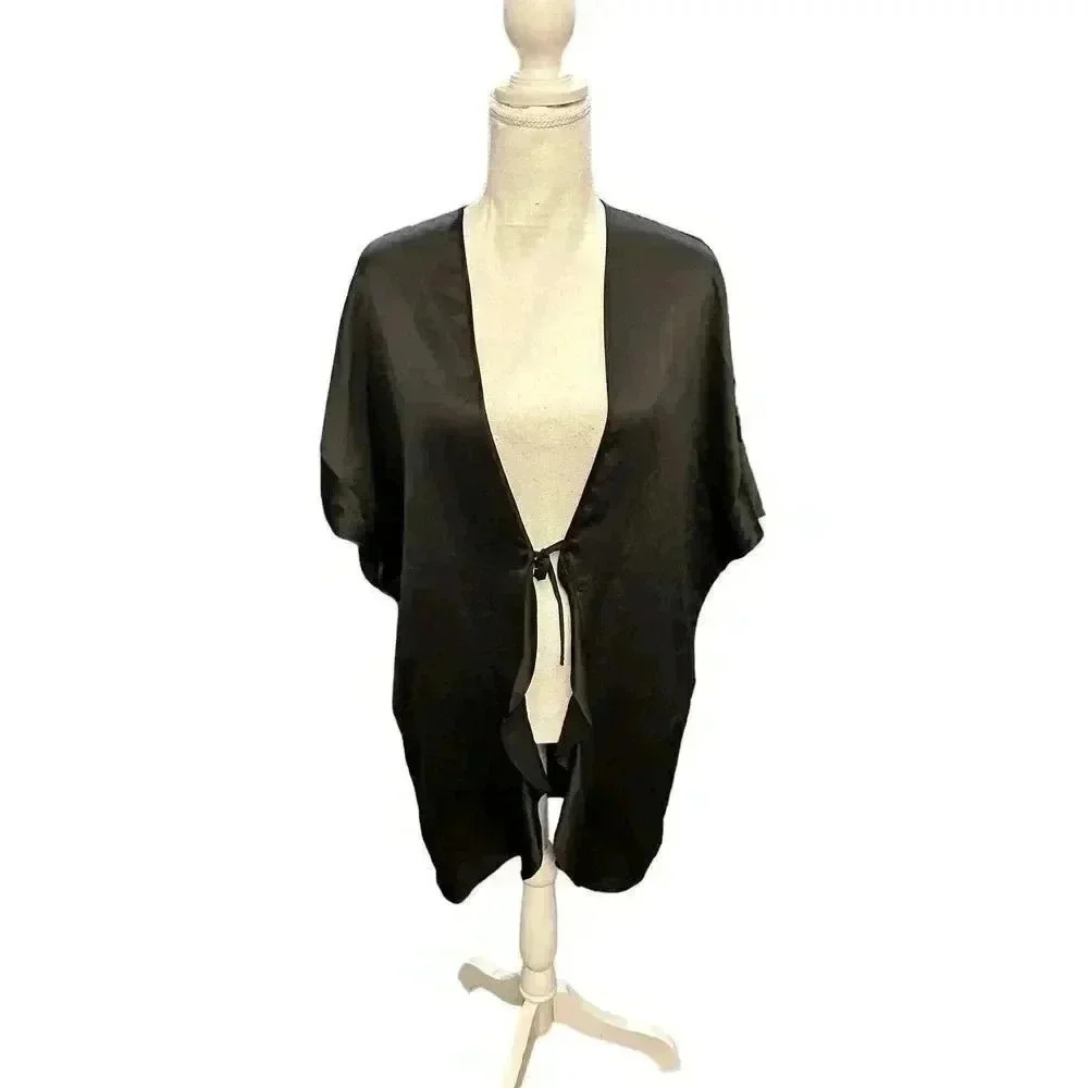 Victoria's Secret Kimono Satin Robe Ruffle Black Tie Closure SEXY One Size NWT